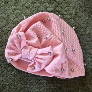 Pink Bow Ladies Turban Bonnet with Silver Colour Pearls